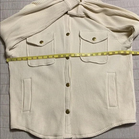 J. Crew Women Waffle-Knit Button-Up Large Cream Gold-Button Shirt-Jacket Quiet - Picture 13 of 14